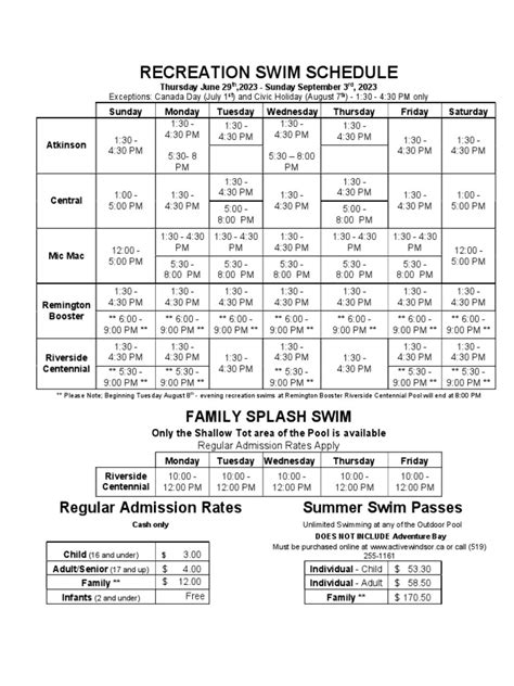Swim Schedules Booking Page .